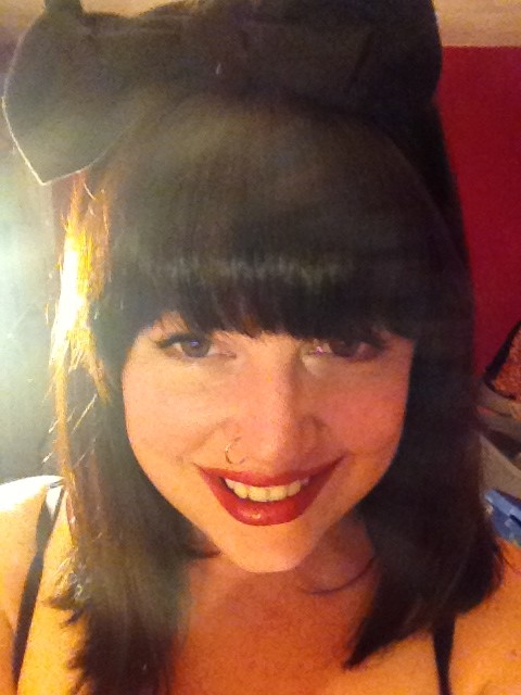 Curvy Brunette In Red Llipstick And Stockings