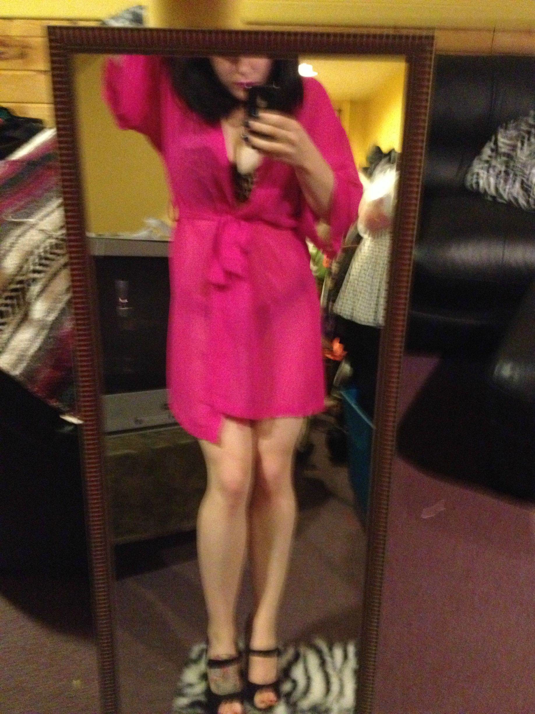 Curvy Brunette In Red Llipstick And Stockings