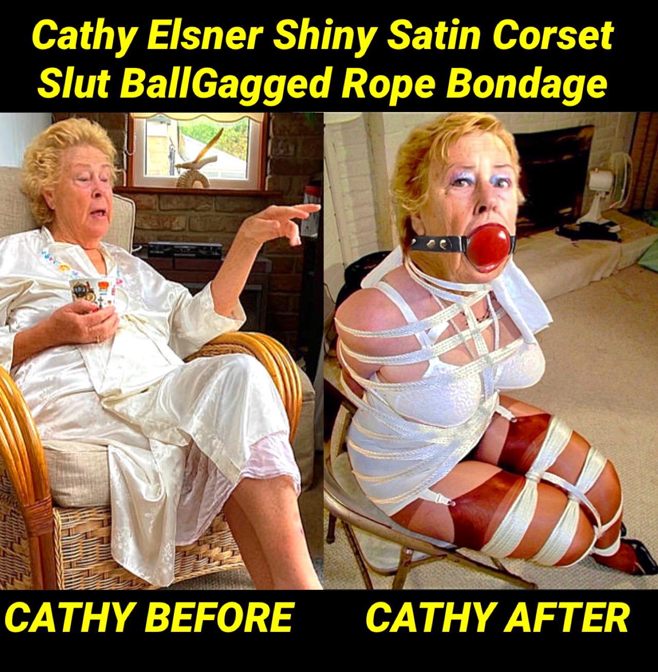 Cathy Cocksucker Slut Granny Rope Bound and Large BallGagged