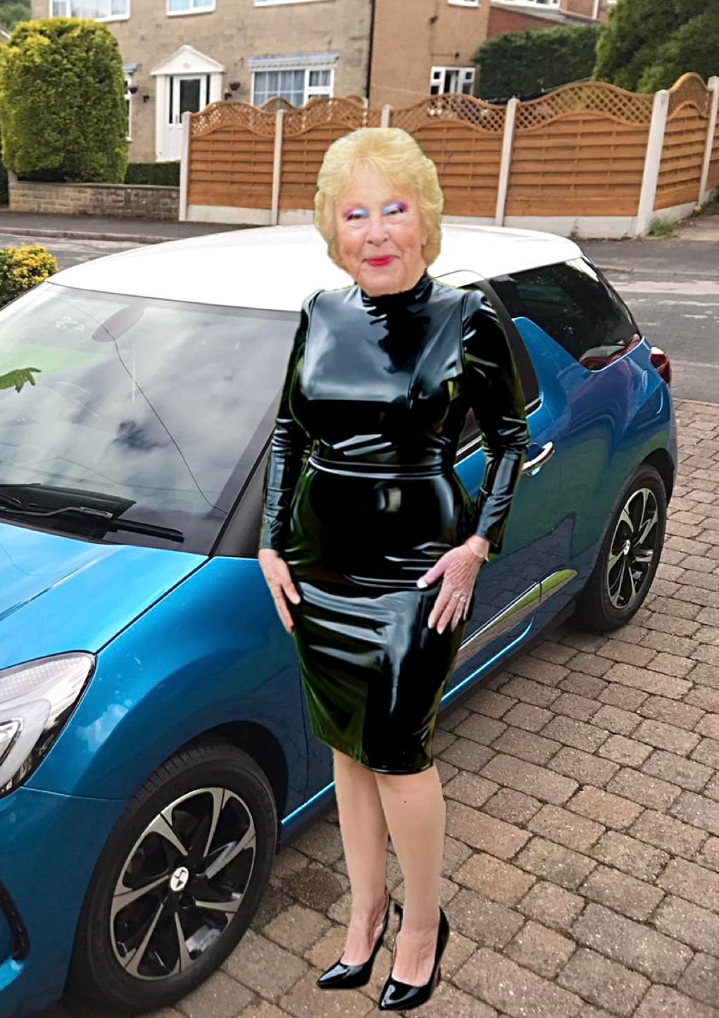 Cathy Cocksucker Slut Granny Outdoors Public Shiny PVC Dress