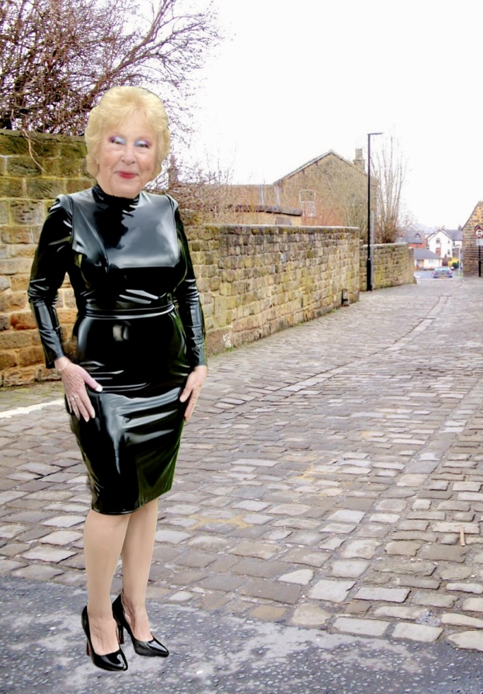 Cathy Slut Granny Cock Sucker Dressed in a Shiny PVC Dress