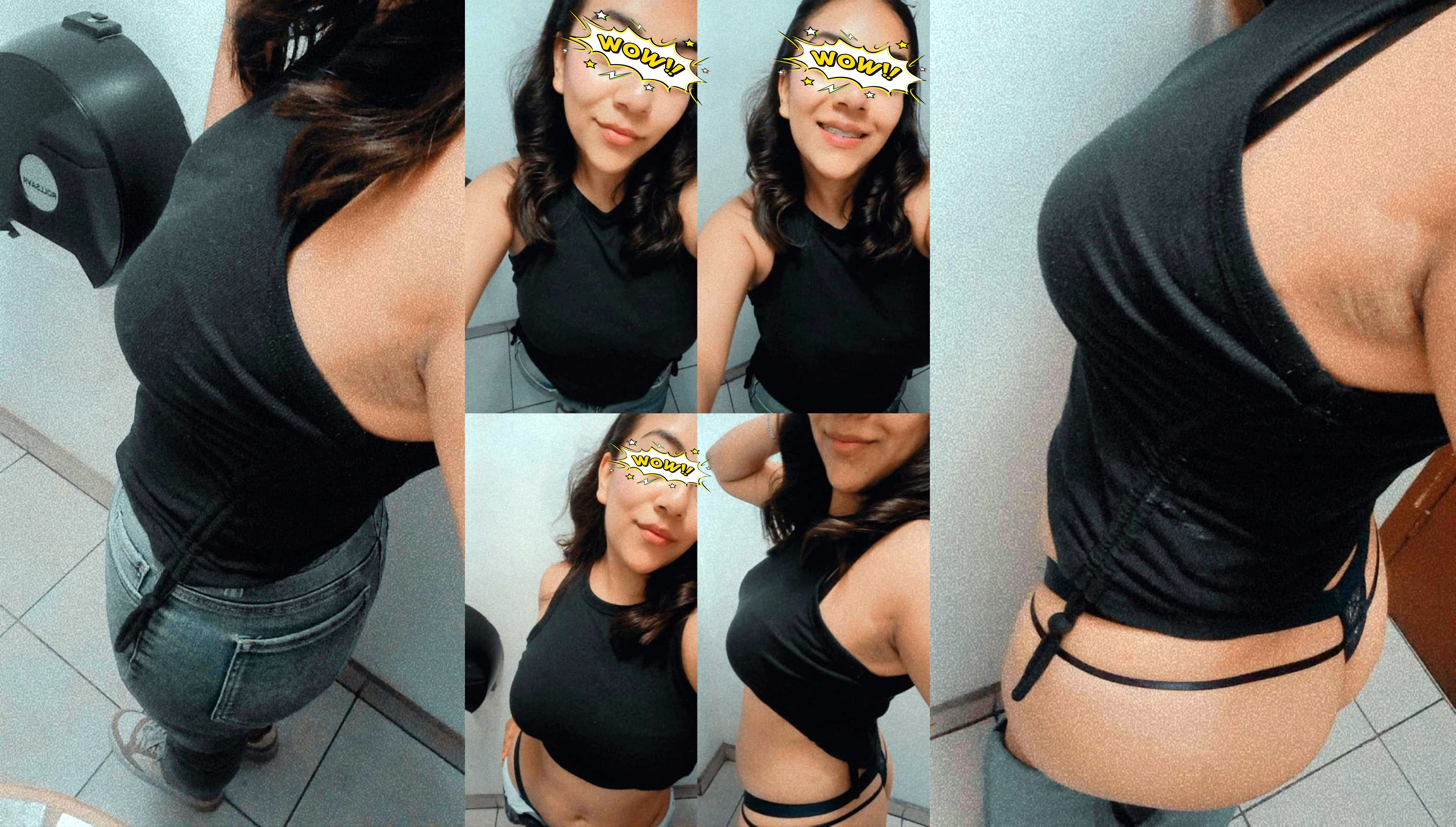 Mostrando su tanga azul de hilo desde la oficina