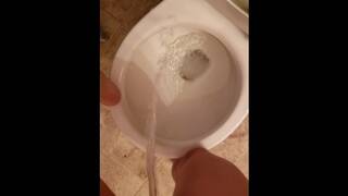 Girl Peeing like Boy over Toliet. MESSY.