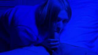 Slut gives Sloppy Blowjob in Neon. Lots of Drooling and Cum in Mouth.