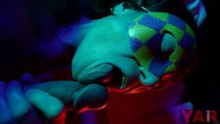 Blowjob from an Adult Lady in a Mask with Small Natural Tits Fingering a Big Cock in her Mouth