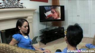 Hot latina babe guzzles gramps cum after fucksome