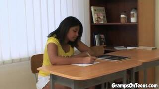 Black coed teen fucked and jizzed by dirty old man