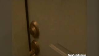 Shy ebony teen sucks on white cock