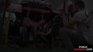 Busty public slut rimming and sucking mechanic cock