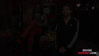 Strict black domme punishing cbt subject with kicking