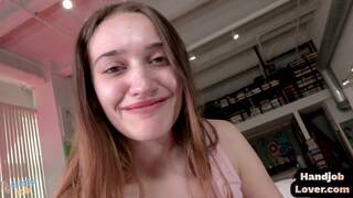 Bigtit handjob babe tugging pov bj while riding thigh