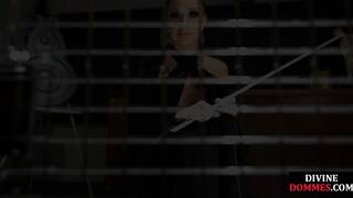 BDSM domme pegging pathetic subject while bound in class