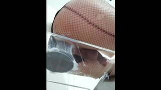 Bunny femboy masturbates using a long dildo and a sucking fleshlight, can't help moaning