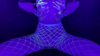 White fishnets, a rabbit tail butt plug, blacklight, glow-in-the-dark lube, dildo & vibrator orgasms