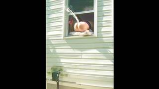 HORNY dildo orgasm squirting out of window while neighbors are outside!