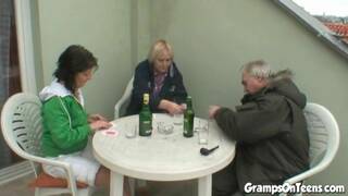 Teen rides grandpa cock in filthy threesome