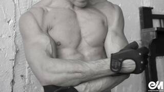 Naked male bodybuilder shows his huge big cock after hard workout