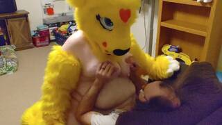 Furry rides dick on couch