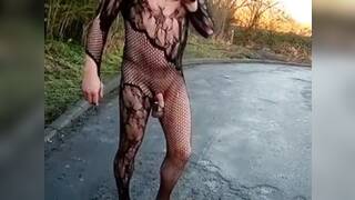 Sexy fishnet bodysuit in public