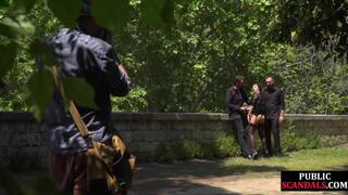 Throating teen in stockings n heels spanked in public 3some