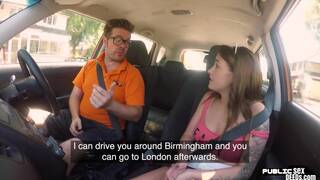 Tattoo babe publicly banged outdoor in car by driving tutor