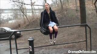 Petite brunette teen rides oldie