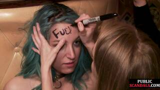 Useless coloredhair bonded babe licks and throats in public