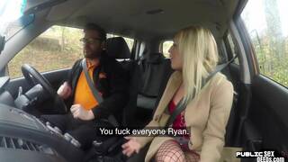 Driving tutor public bangs fishnet wearing MILF outdoor