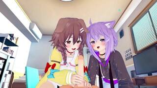 【REAL POV】OKAYU and KORONE threesome fun! Doggirl and Catgirl VTUBER licking bonanza!