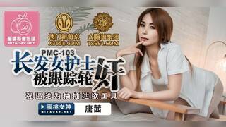 Sexy nurse with long hair is stalked and fucked by two guys