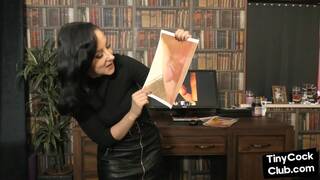 Teasing lady in leather skirt talks dirty about small dicks