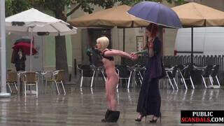 Public perverted naked slut seduced by BDSM lady outdoor