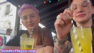 Tattooed amateur lesbian queer licks GFs pussy at home