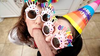 Stepmom and stepaunt gives the most amazing birthday blowjob to stepson