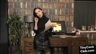 SPH solo babe in leather skirt talks dirty about small dicks