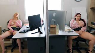 Two busty petite colleagues masturbate their pussy at work