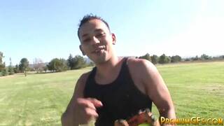 Doggystyled brunette babe drenched