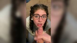 Cumshot on brunette horny ex girlfriend in glasses