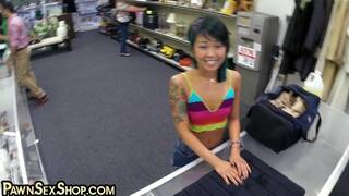 21yo pawnshop tattooed Asian chick POV fucked in office