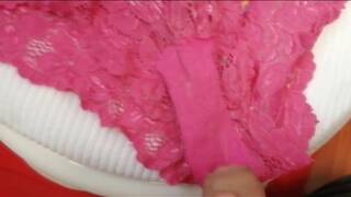 DROPPING HUGE FAT LOAD OF CUM ALL OVER SEXY MILFS USED PINK THONHG!!!♡♡♡♡