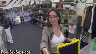 Pawnshop slut loves sucking big dick in POV in office