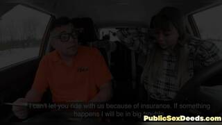 Amateur driving busty babes fucked in FFM 3some outdoor