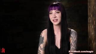 Tattooed slave suspended and tormented in upside down position