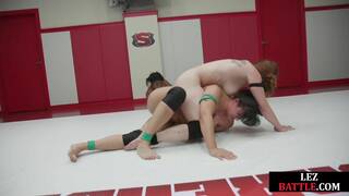 Lez wrestler fingered in public 3some after losing fight