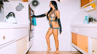 Curvy brunette MILF Chevelle amazing body exposed in a kitchen