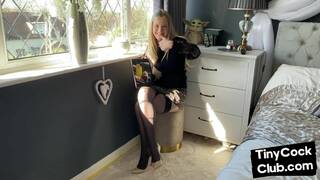 Tiny cock got laughs by mean brit slut in stockings