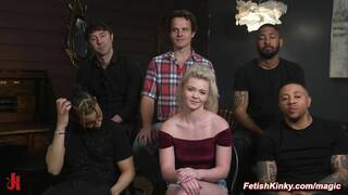 Cheating blonde fucked by five cocks in rope bondage