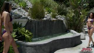 Michelle Lay and Tori Black outdoor lesbian scenes then bathroom lesbian scenes also