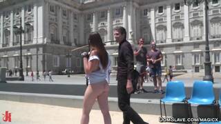 Bound busty babe Luna Rival paraded in public then fucked in a bar