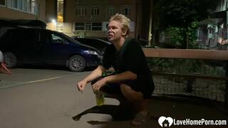 Nerdy babe sucks dick on parking lot